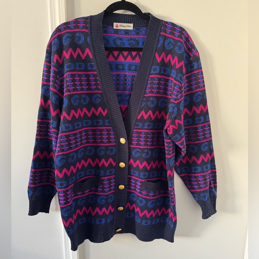 Funky Patterned Thrifted Cardigan with Gold Buttons
